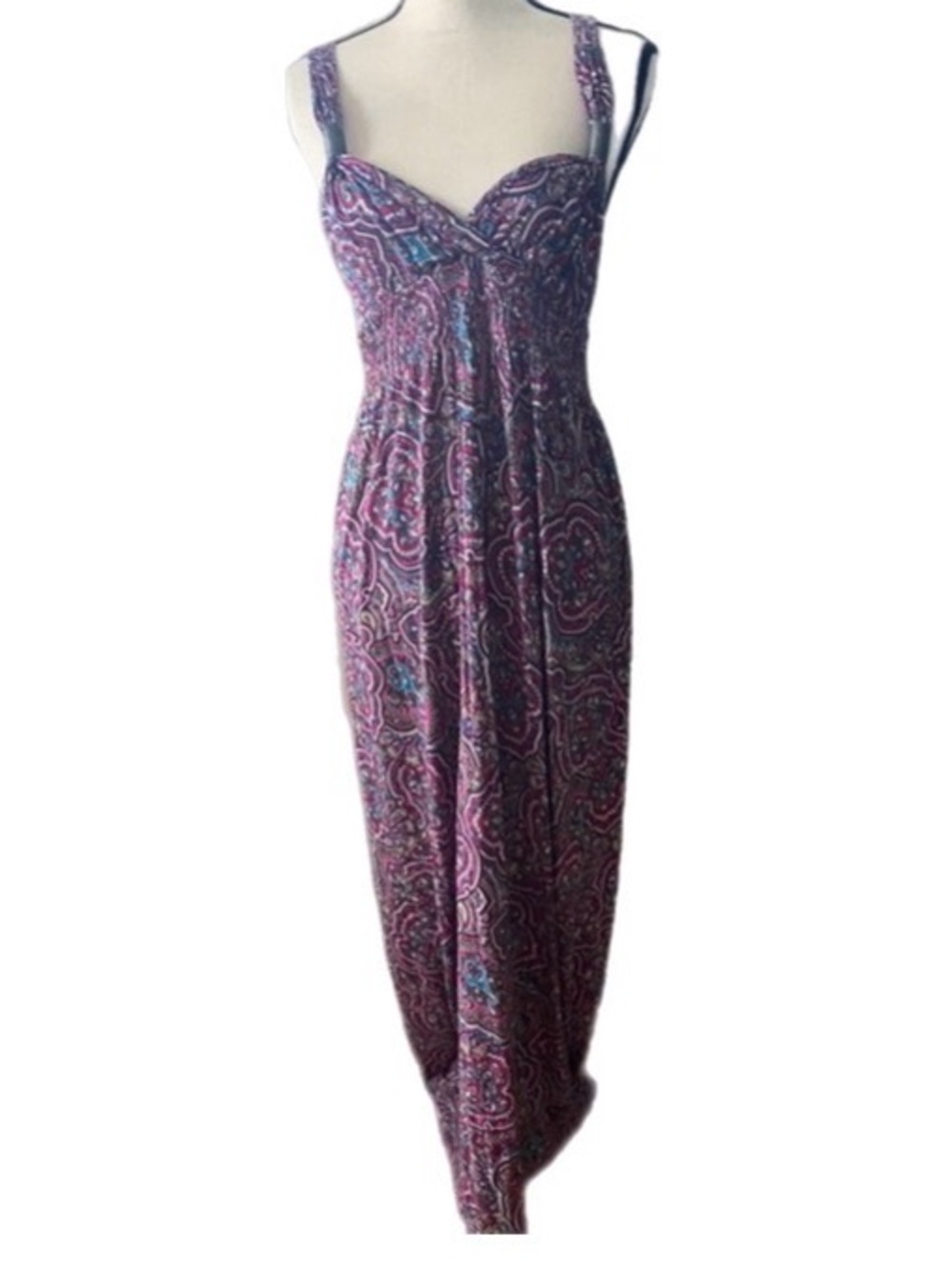 Women’s burgundy floral straps vneck summer maxi dress, size L